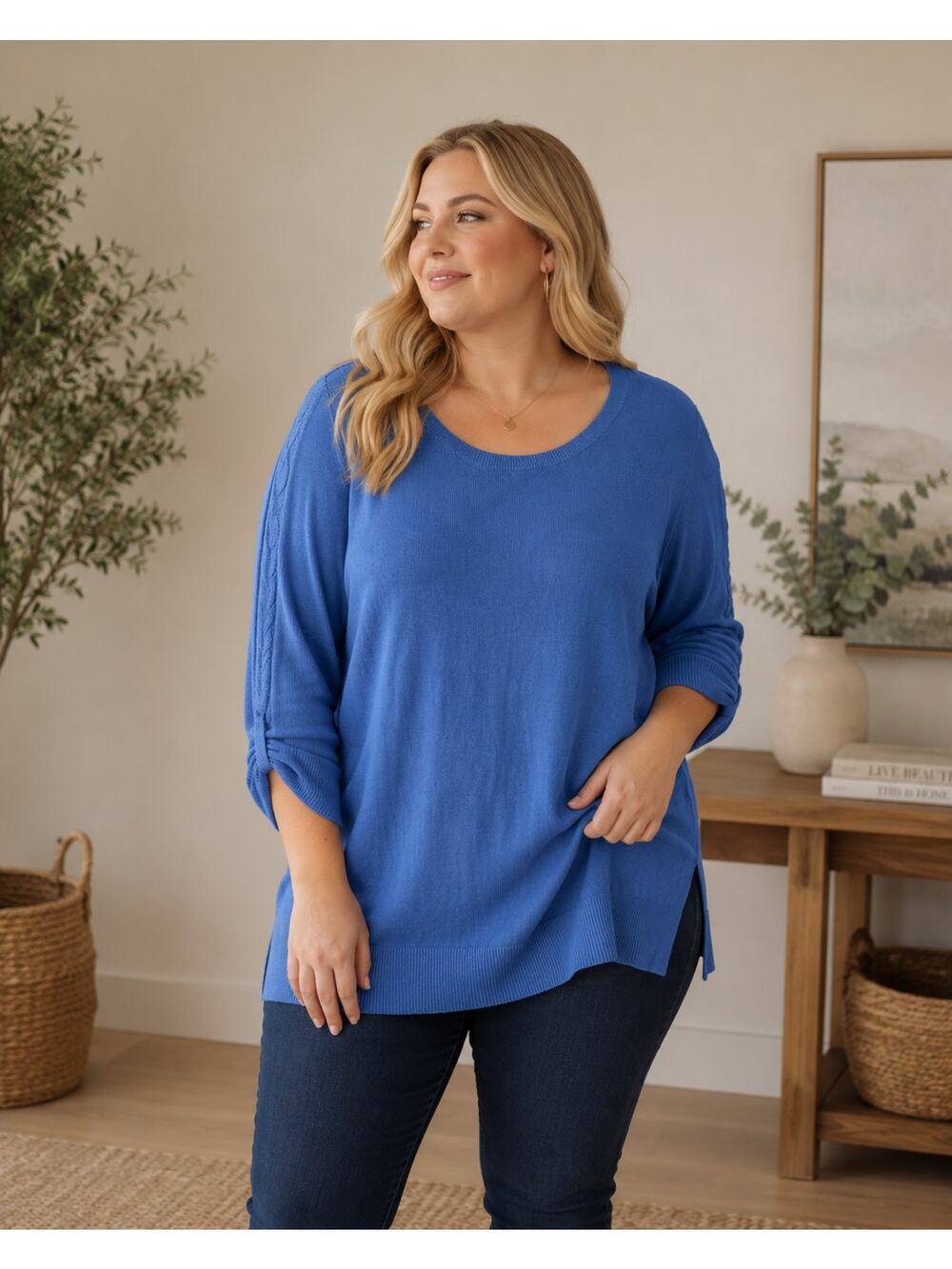Lands' End pullover knit long sweater top features a 3/4 sleeve length
